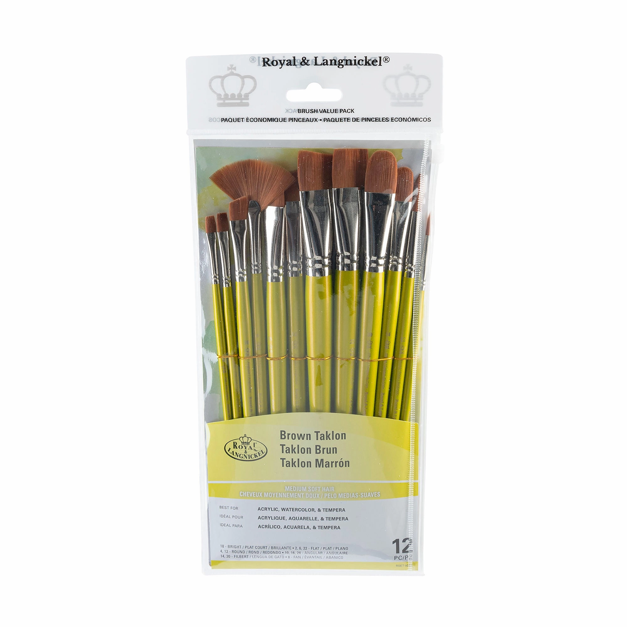 12-Pack Brown Taklon Brushes - Bright/Flat organic