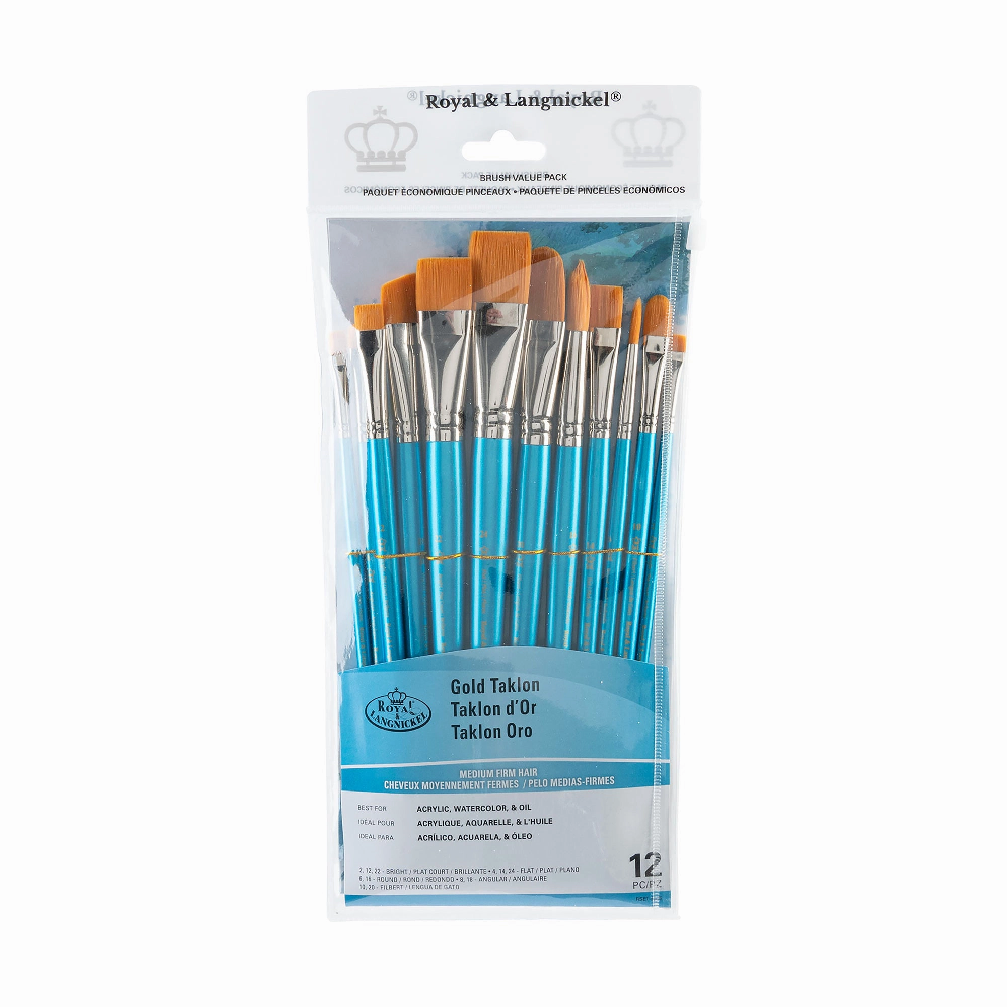 square wooden 12-Pack Gold Taklon Brushes - Bright/Flat