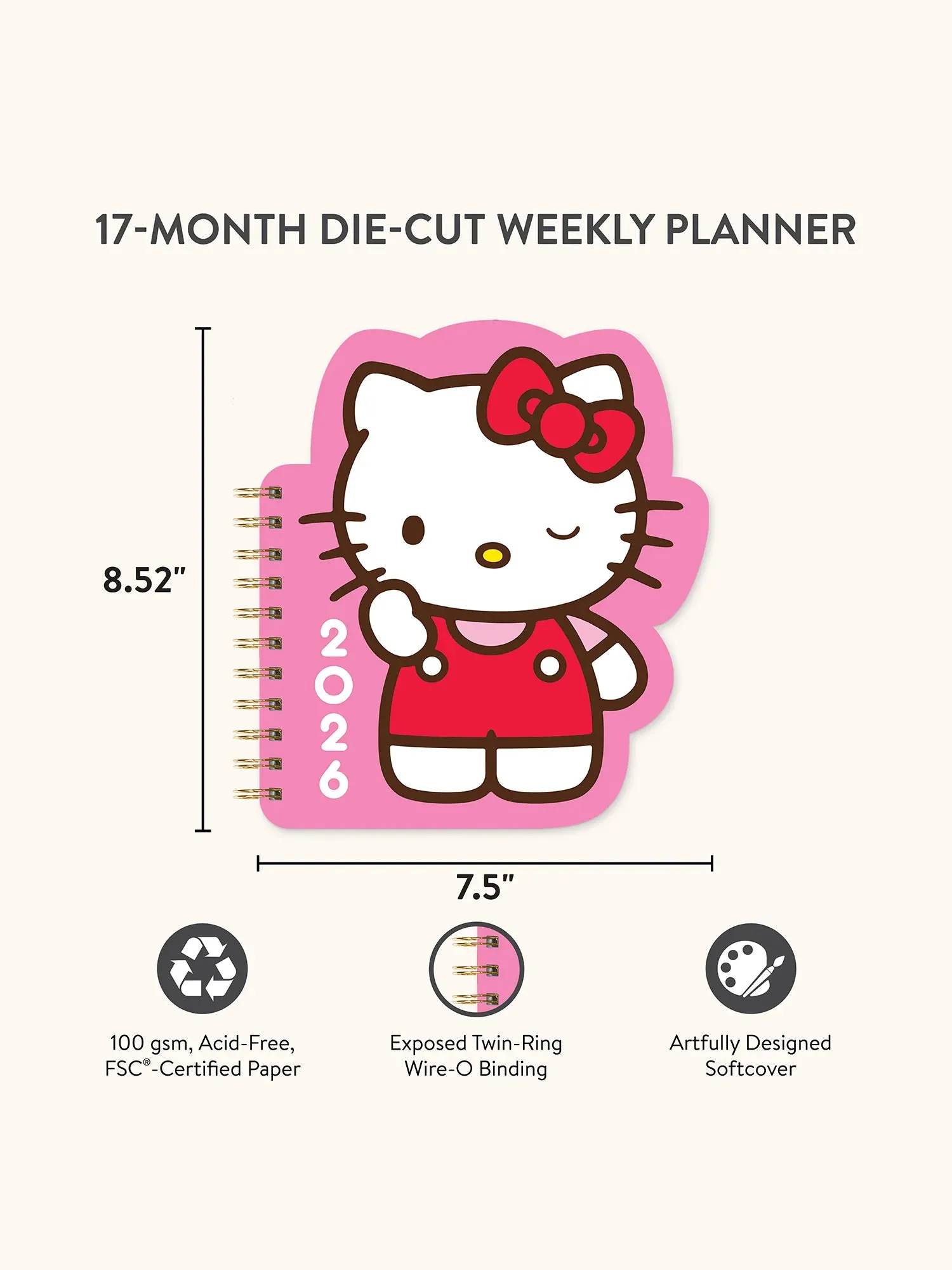 2026 Hello Kitty Playful Pink Die-Cut Weekly Planner retractable