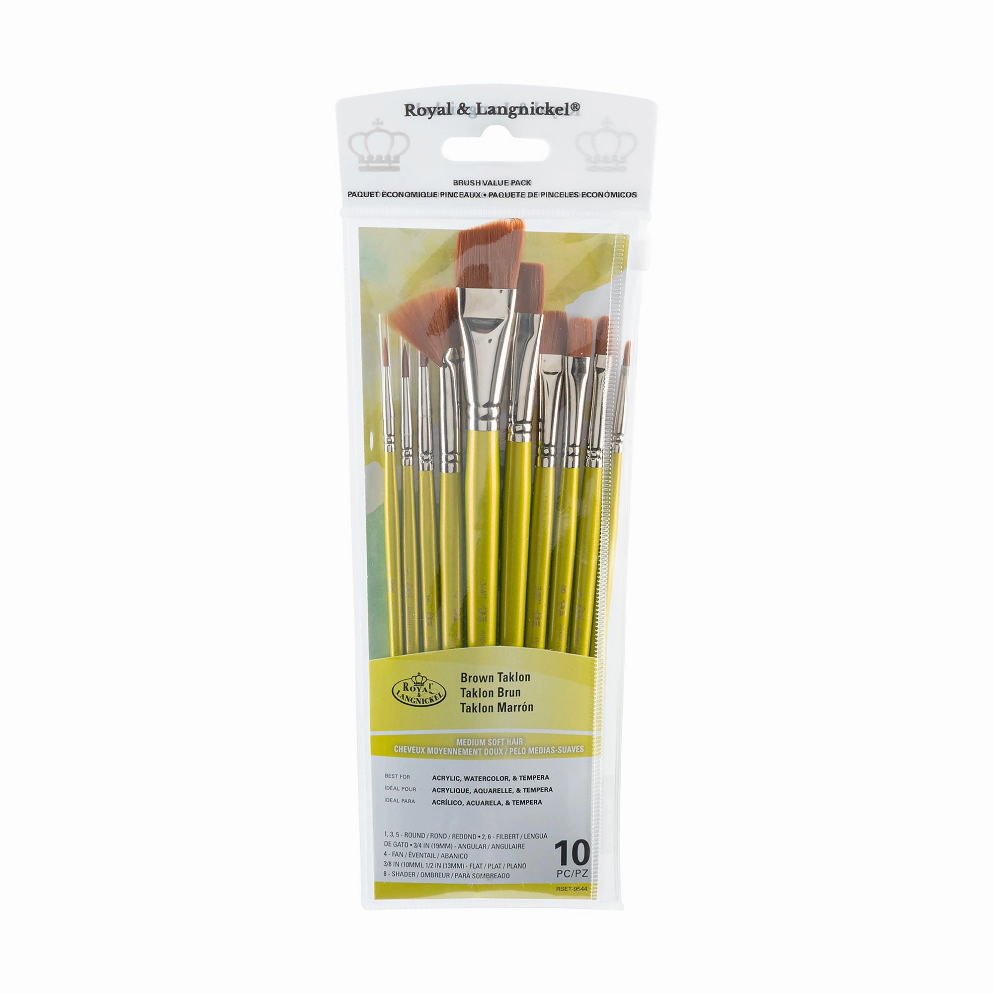 10-Pack Brown Taklon Brushes - Round/Angular top antislip
