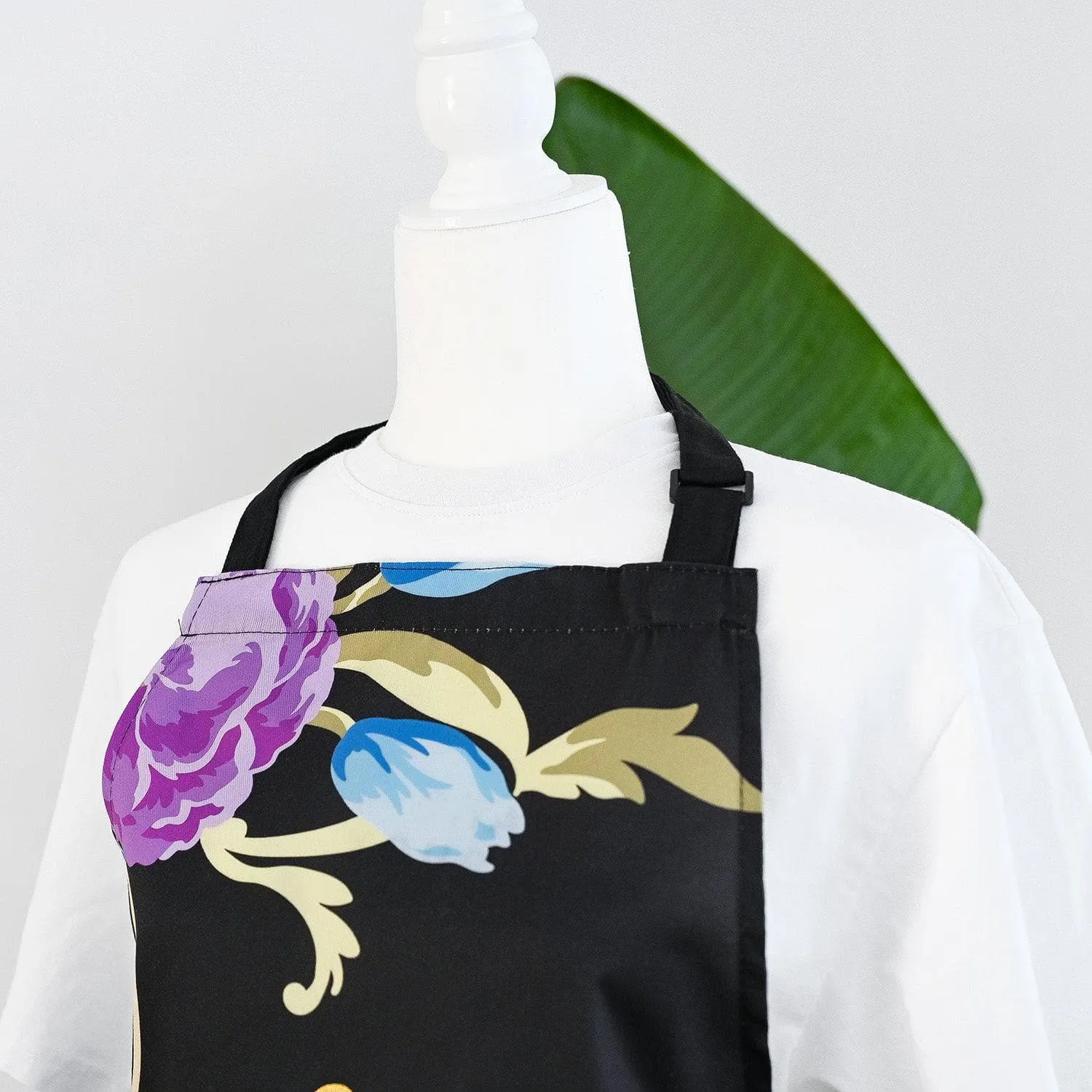 narrow modern Artsy Apron: Blue & Purple Ornamental Bouquet - Black