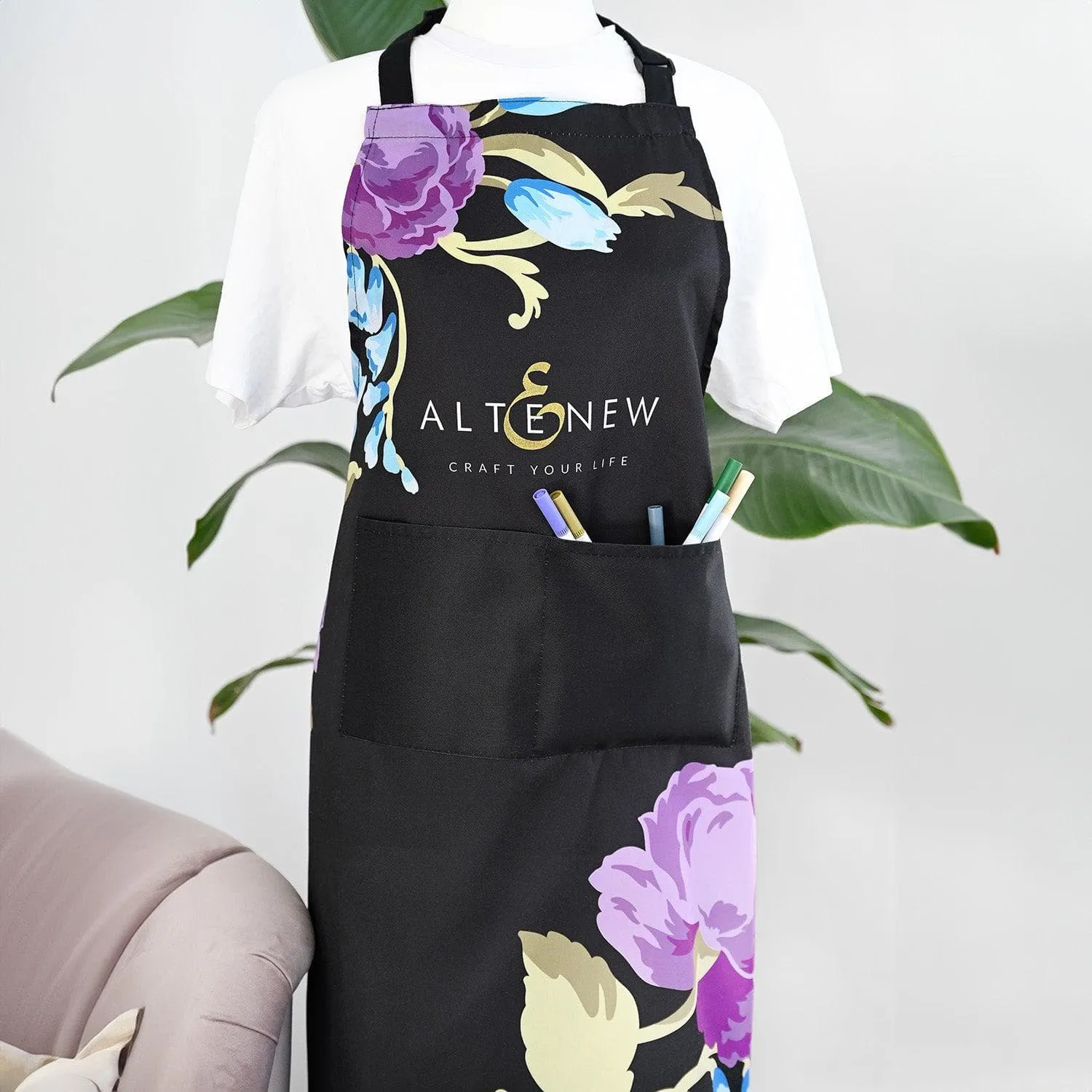 Artsy Apron: Blue & Purple Ornamental Bouquet - Black metal quality