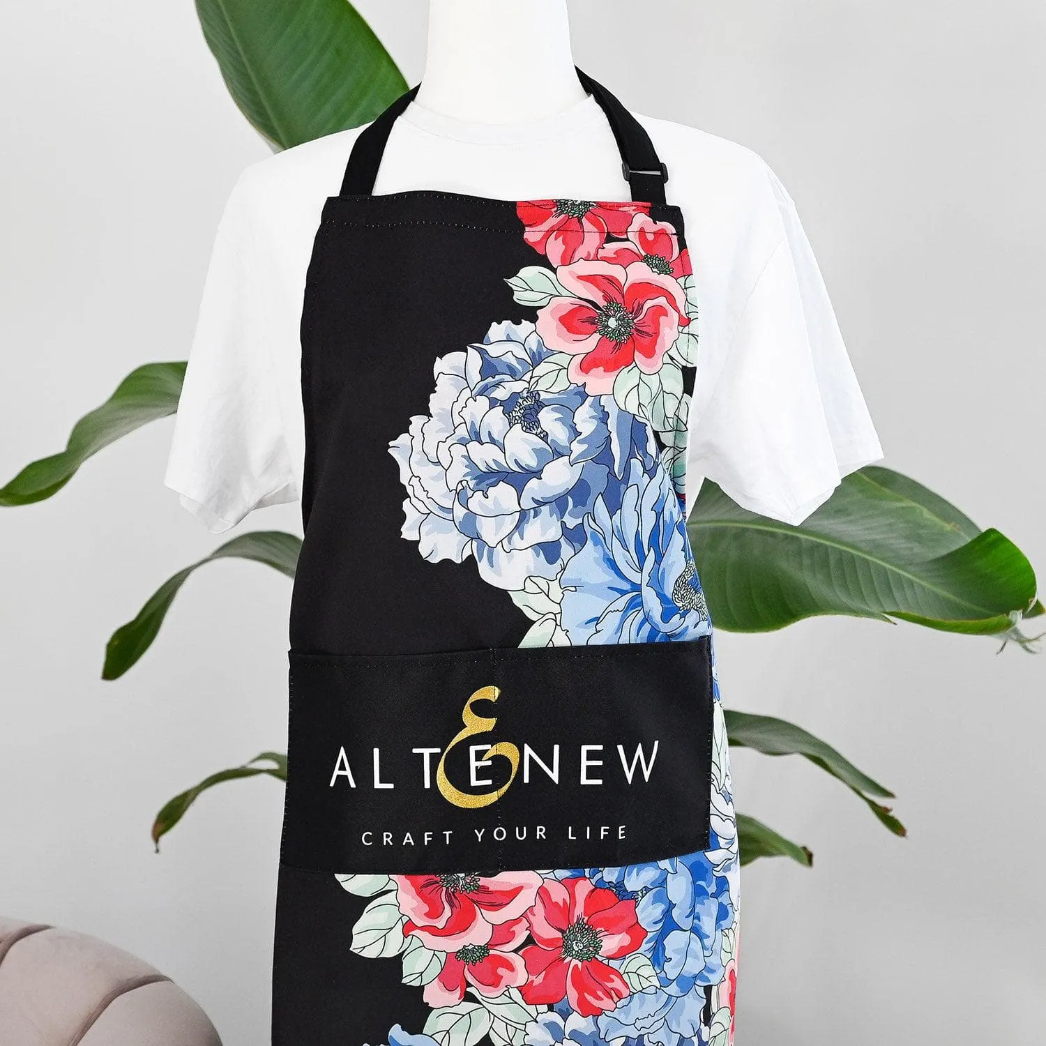 Artsy Apron: Red & Blue Billowing Peonies - Black seasonal