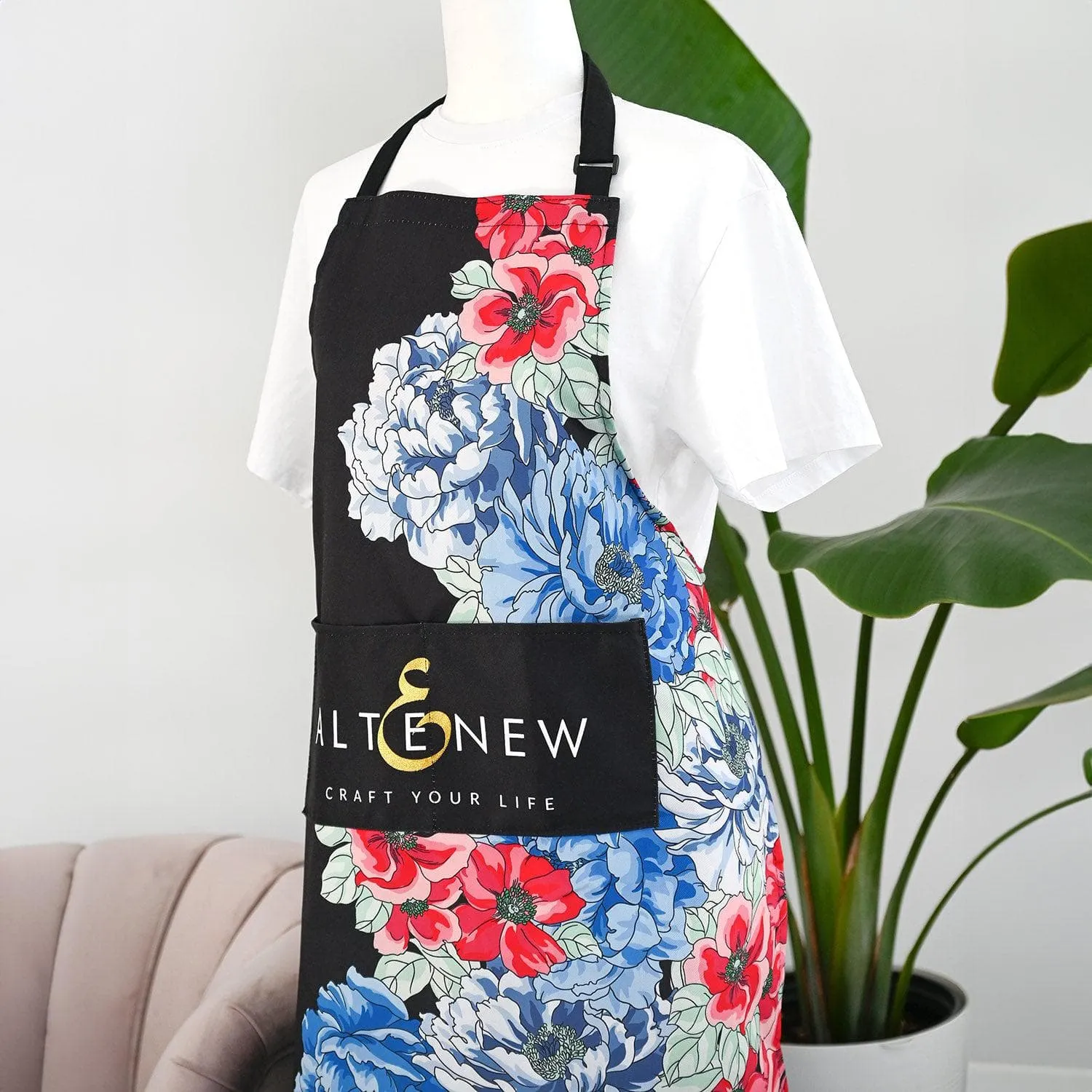 Artsy Apron: Red & Blue Billowing Peonies - Black tiny reliable