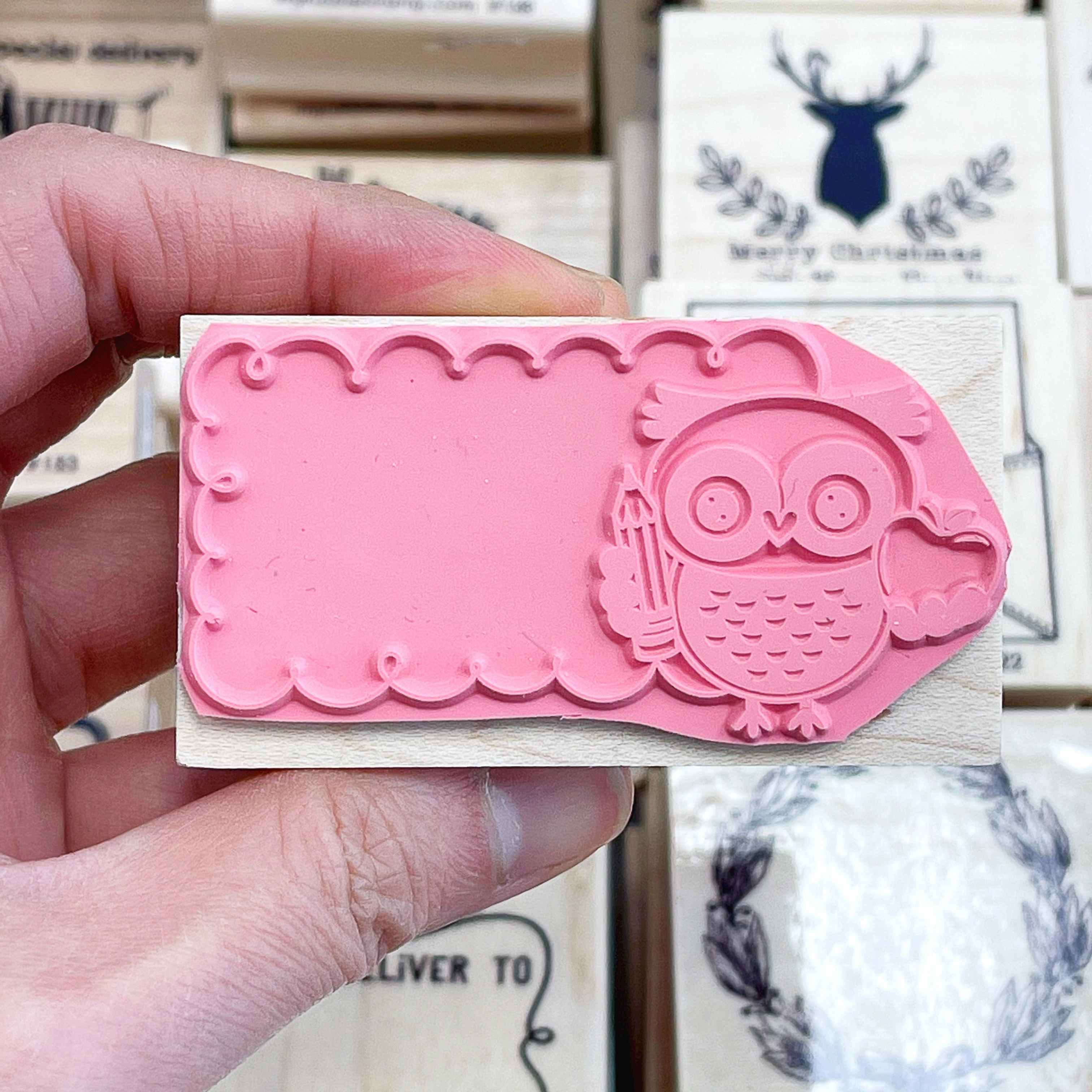 steel quality Owl With Apple & Pencil Rubber Stamp