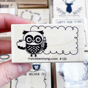 Owl With Apple & Pencil Rubber Stamp soft retro