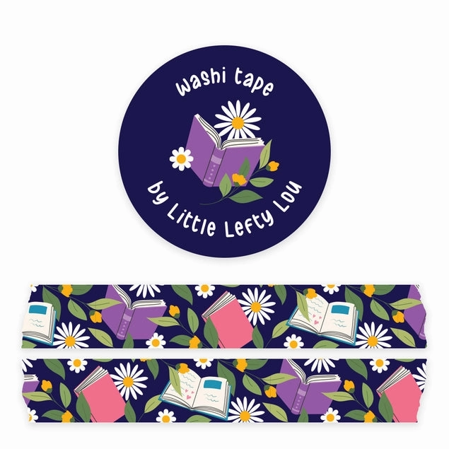 wide fiber Books And Flowers Dark Blue Washi Tape