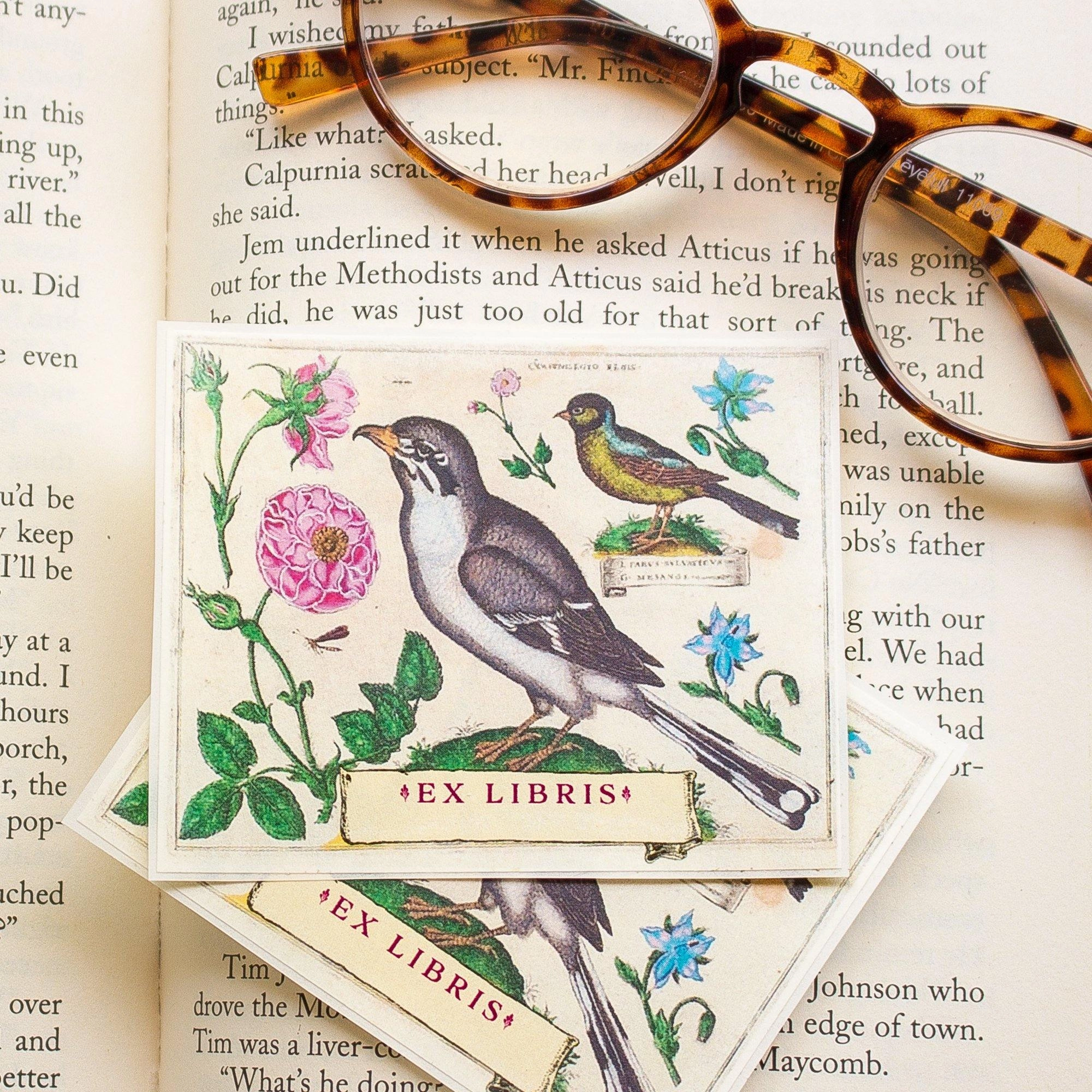 large Botanical Bird And Flowers Bookplate Sticker