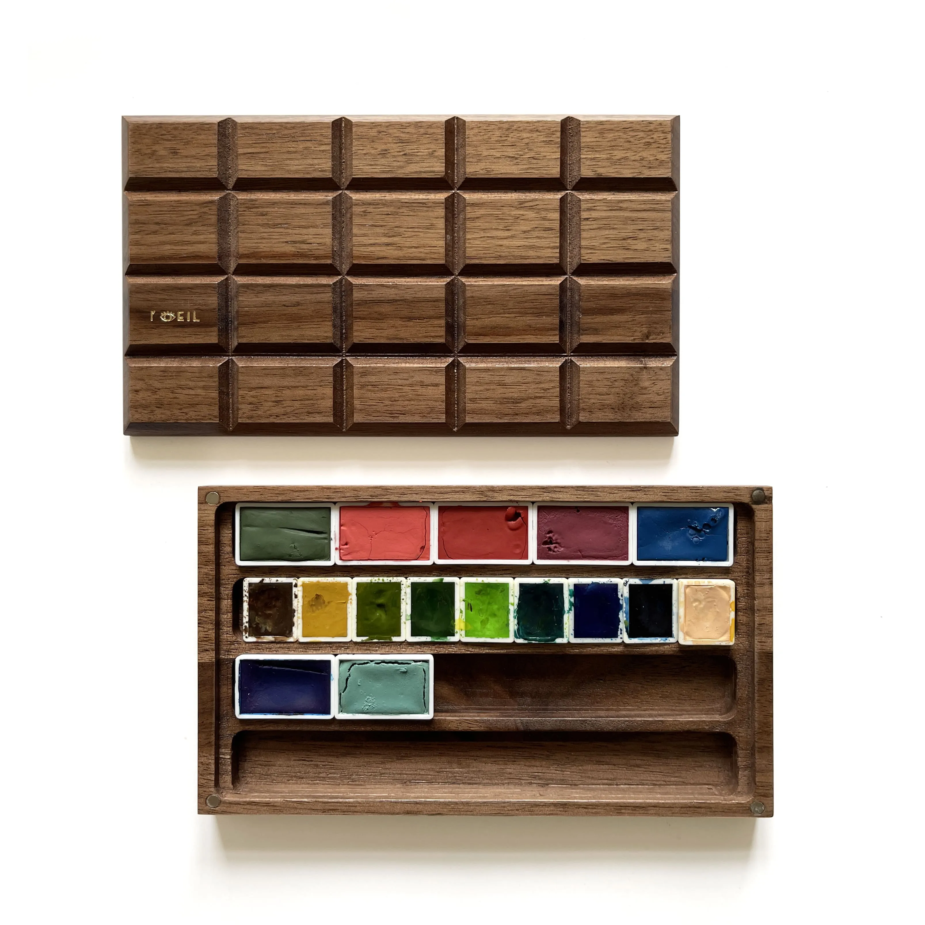Walnut Wood Chocolate Bar Empty Watercolor Wooden Box Palette Case - Big essential portable