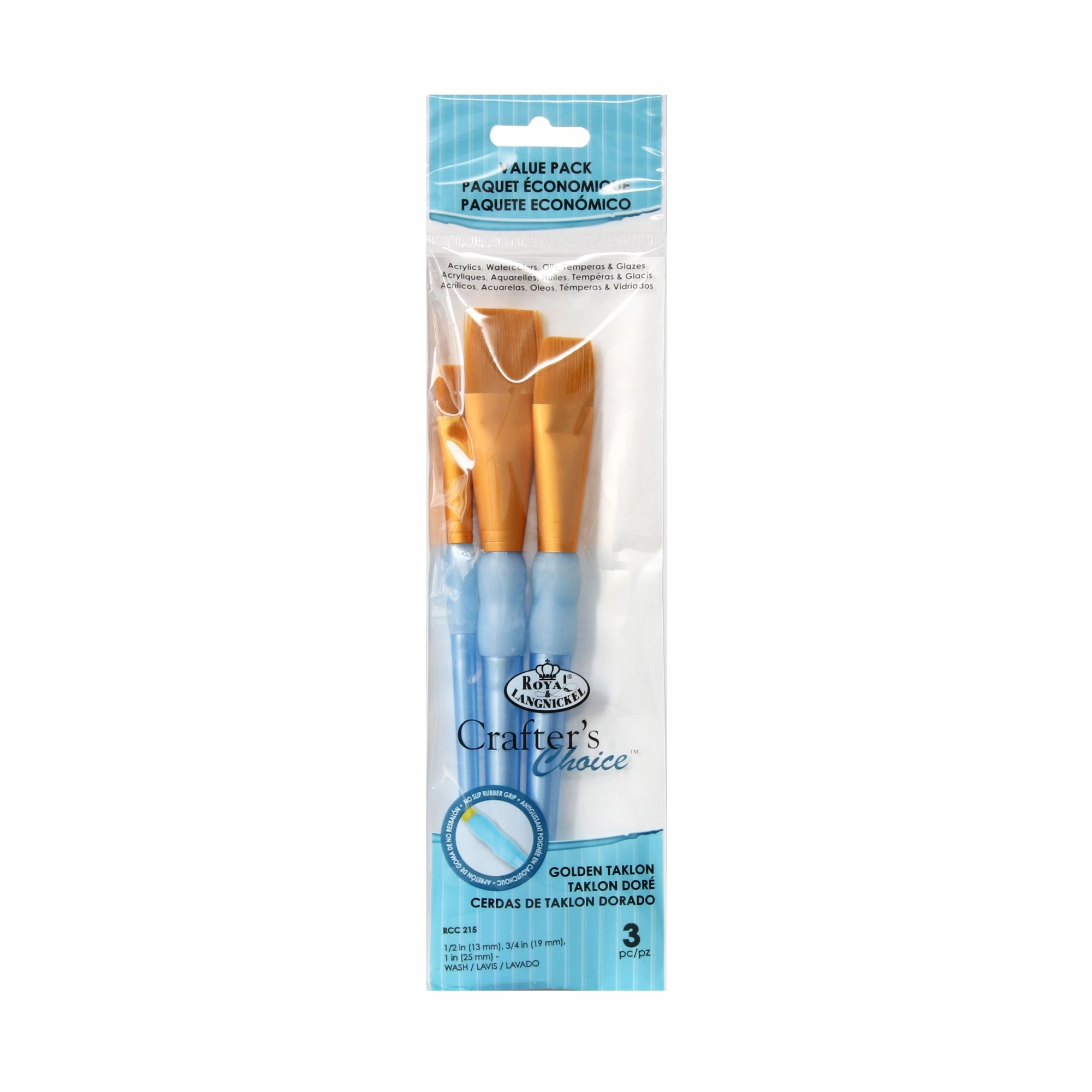 3-Pack Gold Taklon Wash Paintbrushes metal