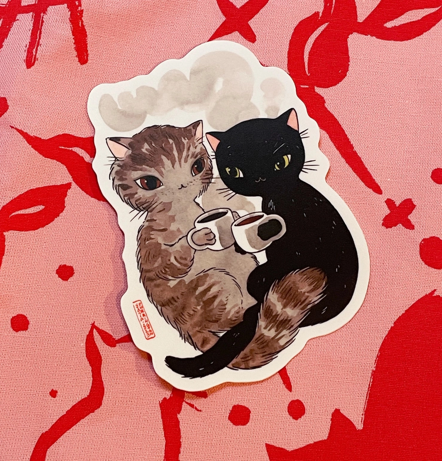 stackable compact Coffee Cat Cuddle Vinyl Sticker