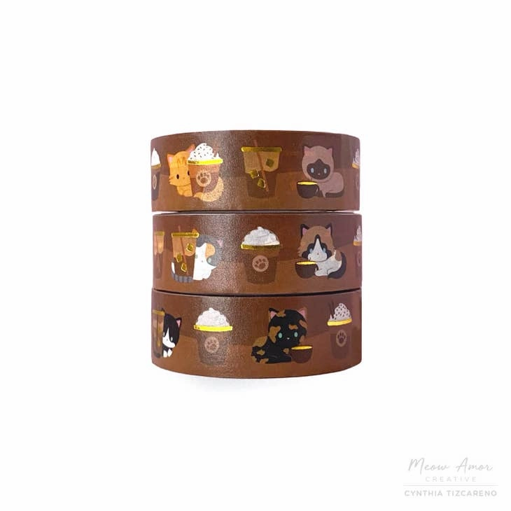 Coffee Cats Gold Foil Washi Tape synthetic round