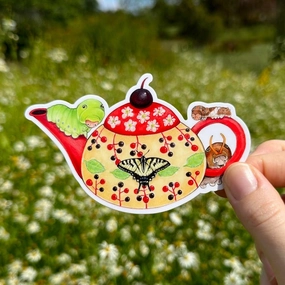 sealed portable Eastern Tiger Swallowtail Caterpillars With Cherry Teapot Vinyl Sticker