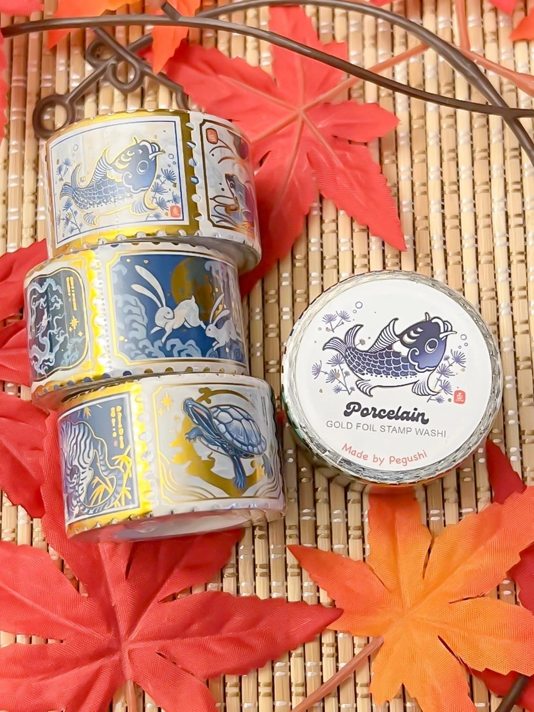 round classic Pegushi Washi Tape - Gold Foil Porcelain Stamp