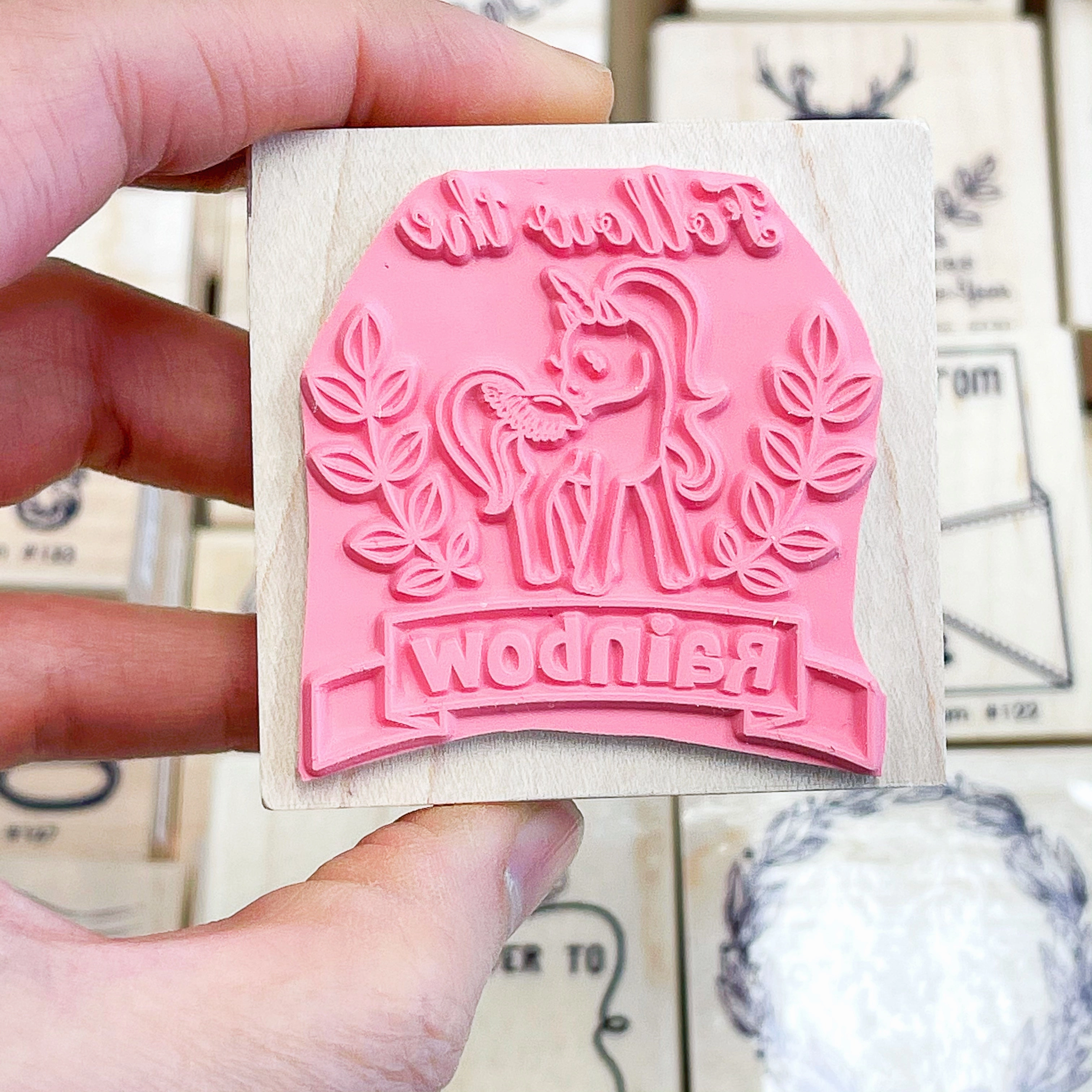 earthy seasonal Follow The Rainbow Unicorn Rubber Stamp