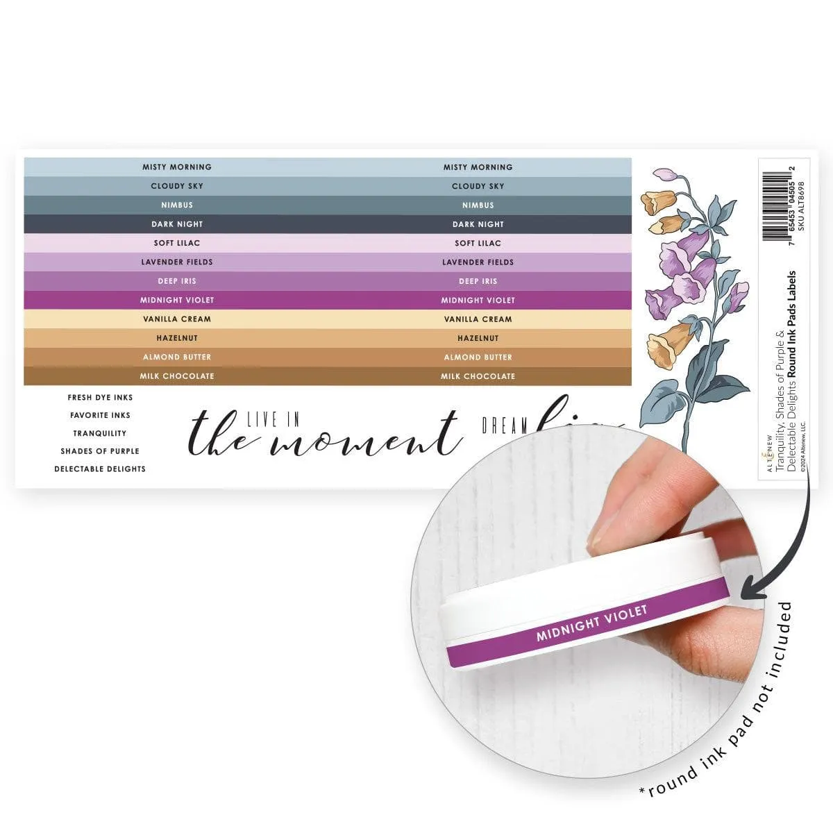 Round Ink Pads Label Set - Tranquility, Shades Of Purple, Delectable Delights expandable