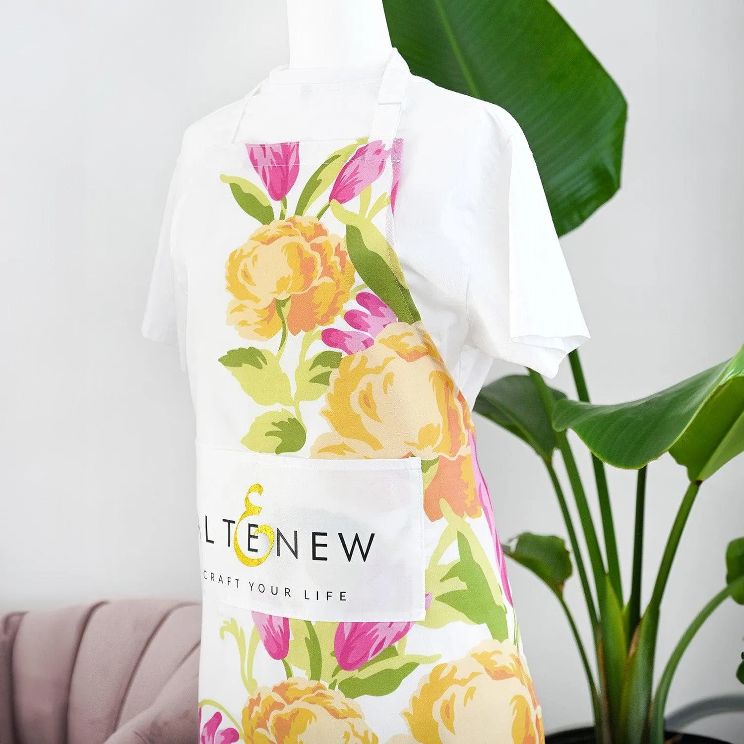 gift original Artsy Apron: Yellow & Pink Ornamental Bouquet - White