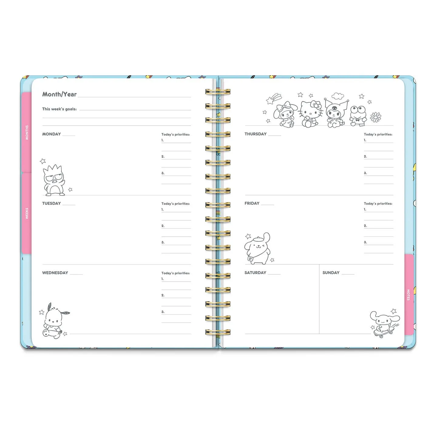 retro Hello Kitty And Friends College Blue Undated Tri-Tab Planner 12 Months