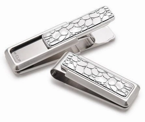 leather square M-Clip Stainless Steel W/Polished River Rock Money Clip