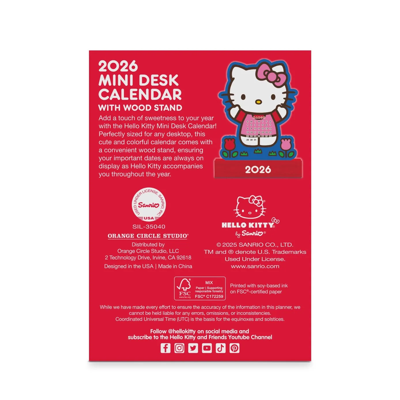 2026 Hello Kitty Playful Pink Mini Desk Calendar With Wood bronze