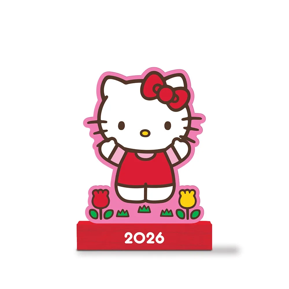 2026 Hello Kitty Playful Pink Mini Desk Calendar With Wood tall