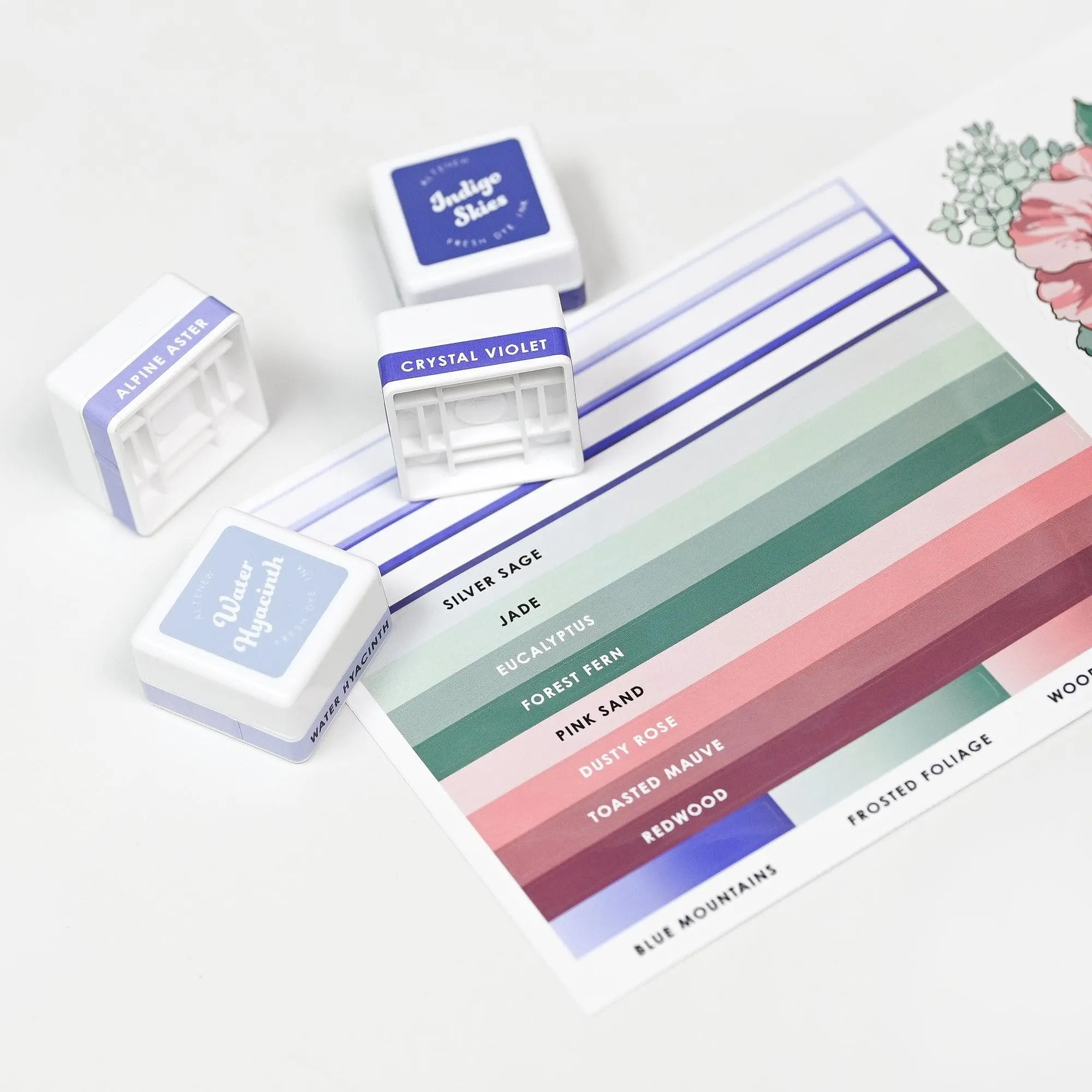 eco magnetic Mini Ink Cubes Label Set - Blue Mountains, Frosted Foliage, Woodland Escape