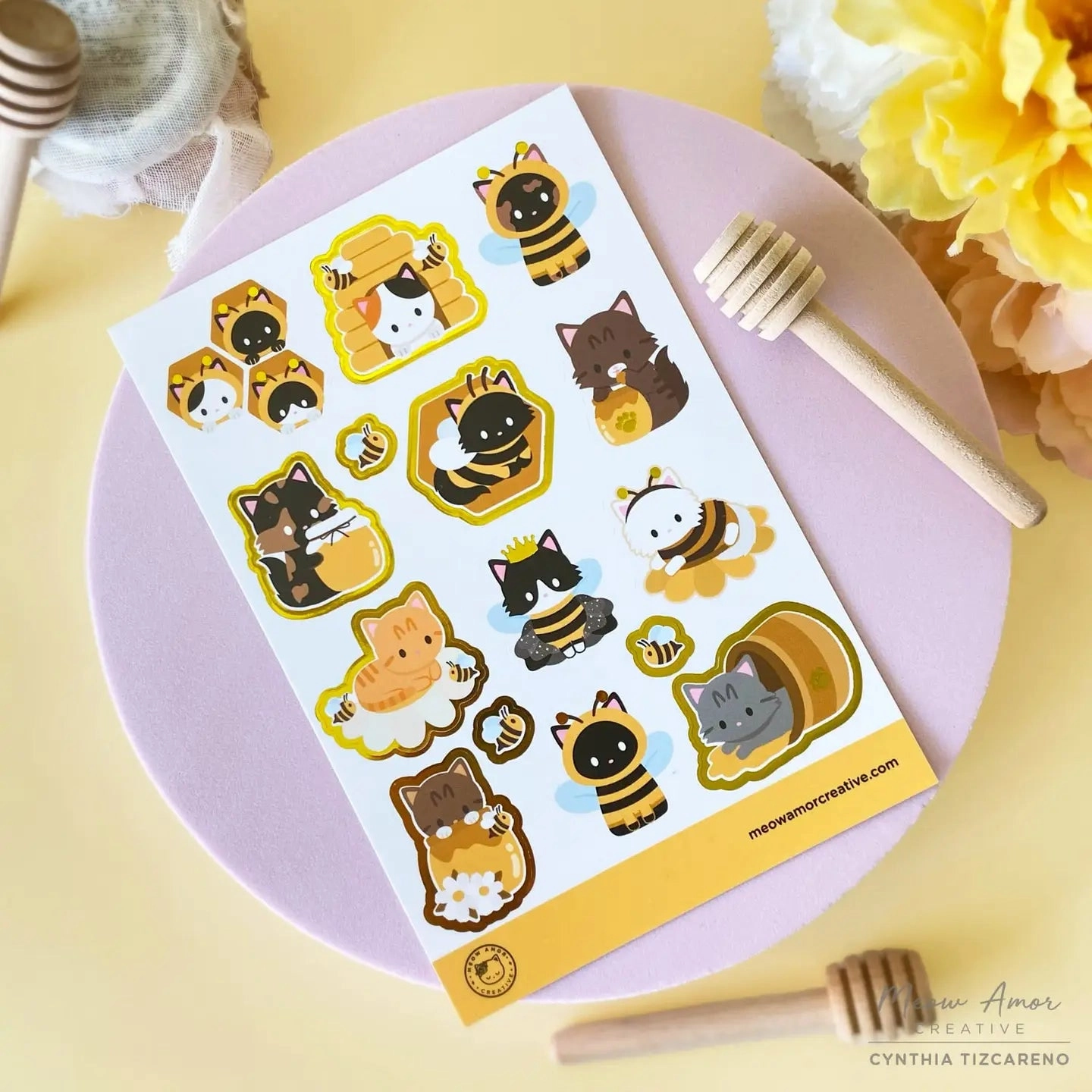 short Bee Cats Gold Foil Vinyl Sticker Sheet