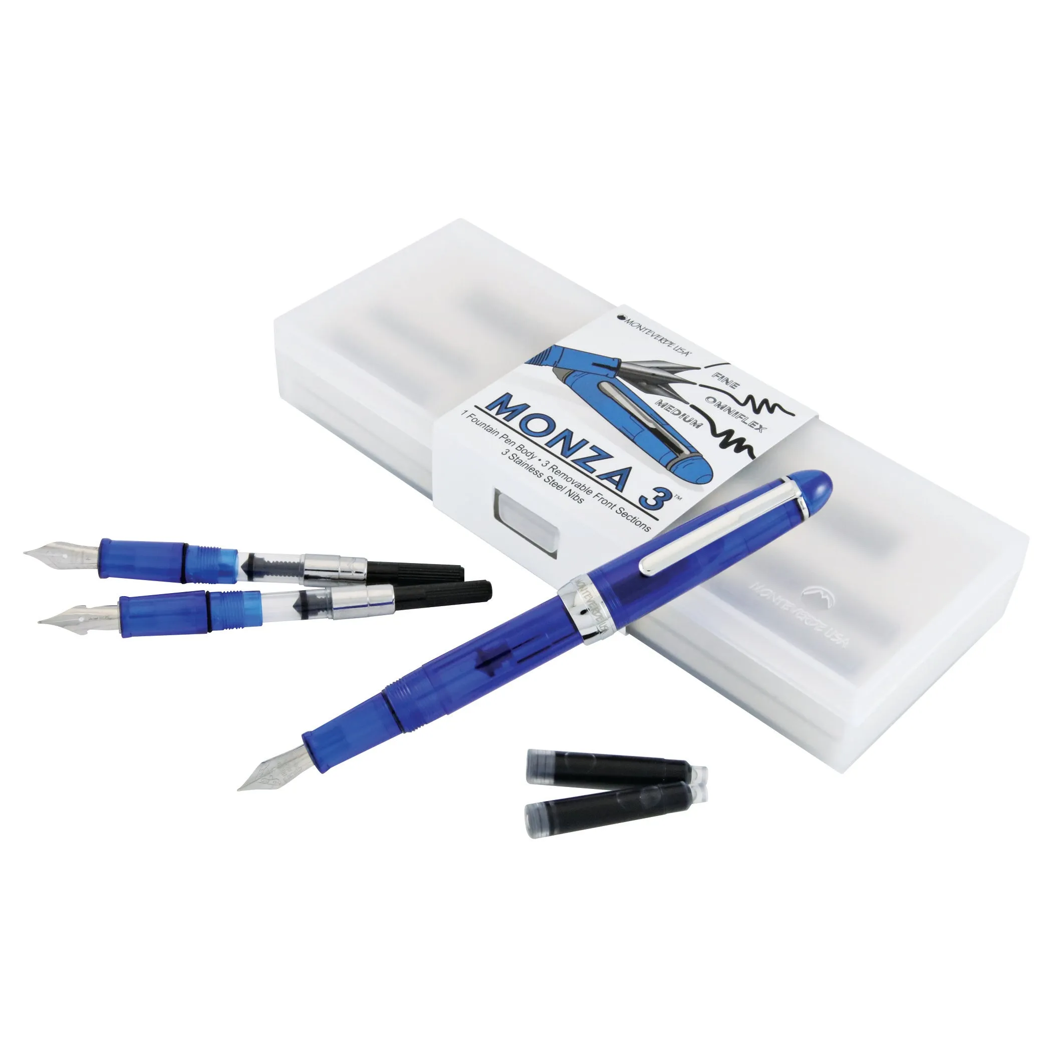 vivid bright Monteverde Monza 3 Blue Fountain Pen (M, F, Flex)