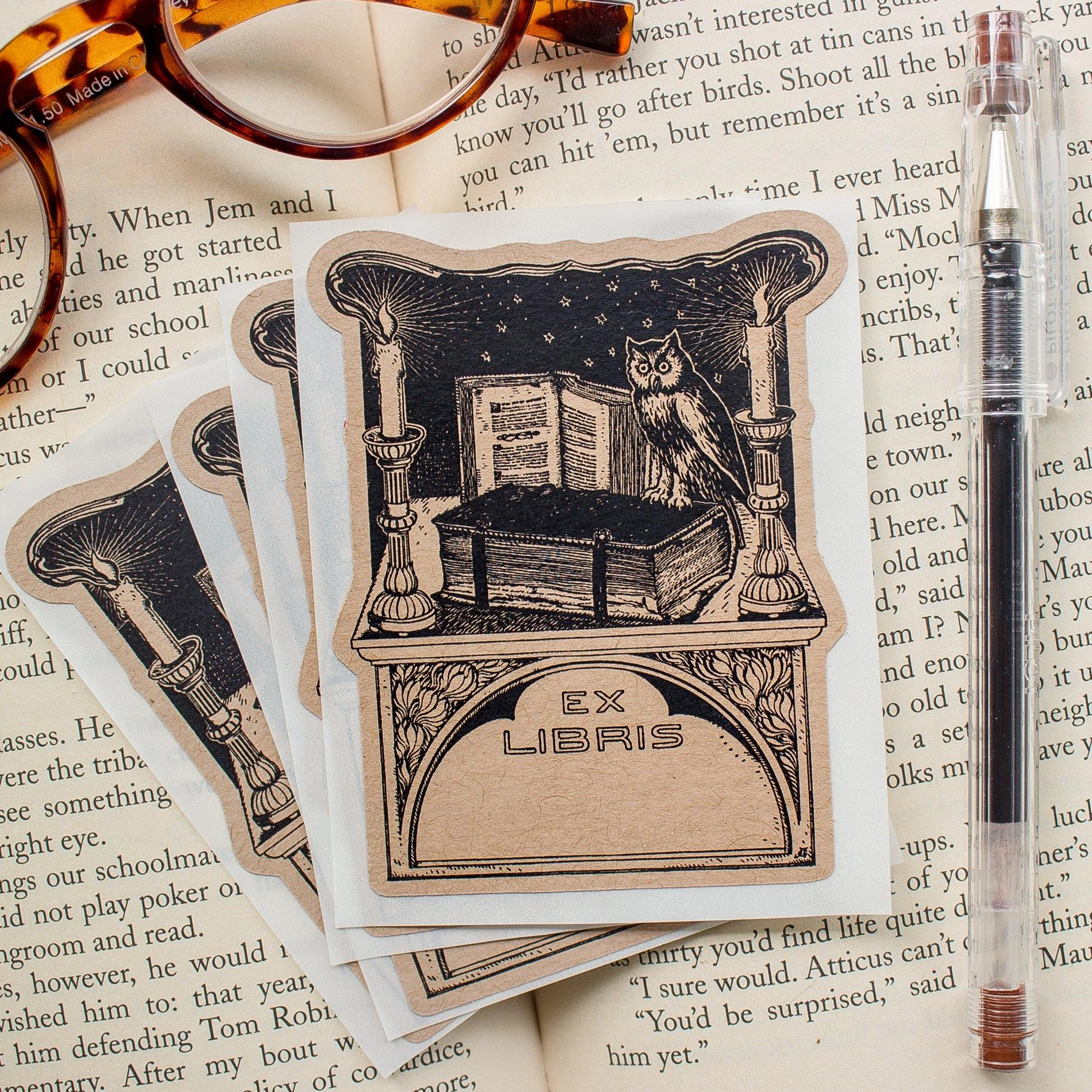 Owl In Library Bookplate Sticker mini linen