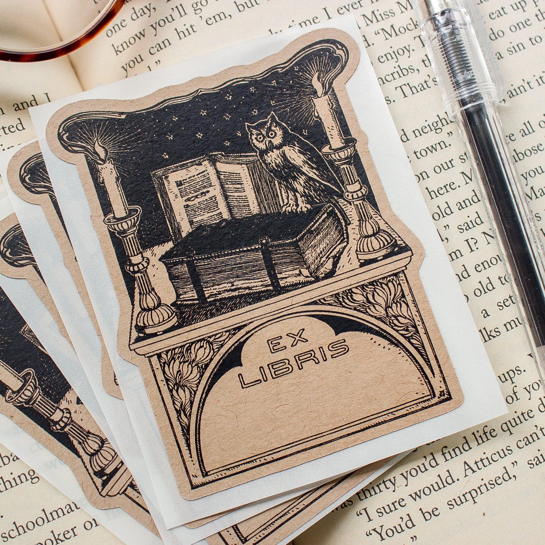 Owl In Library Bookplate Sticker wrapped