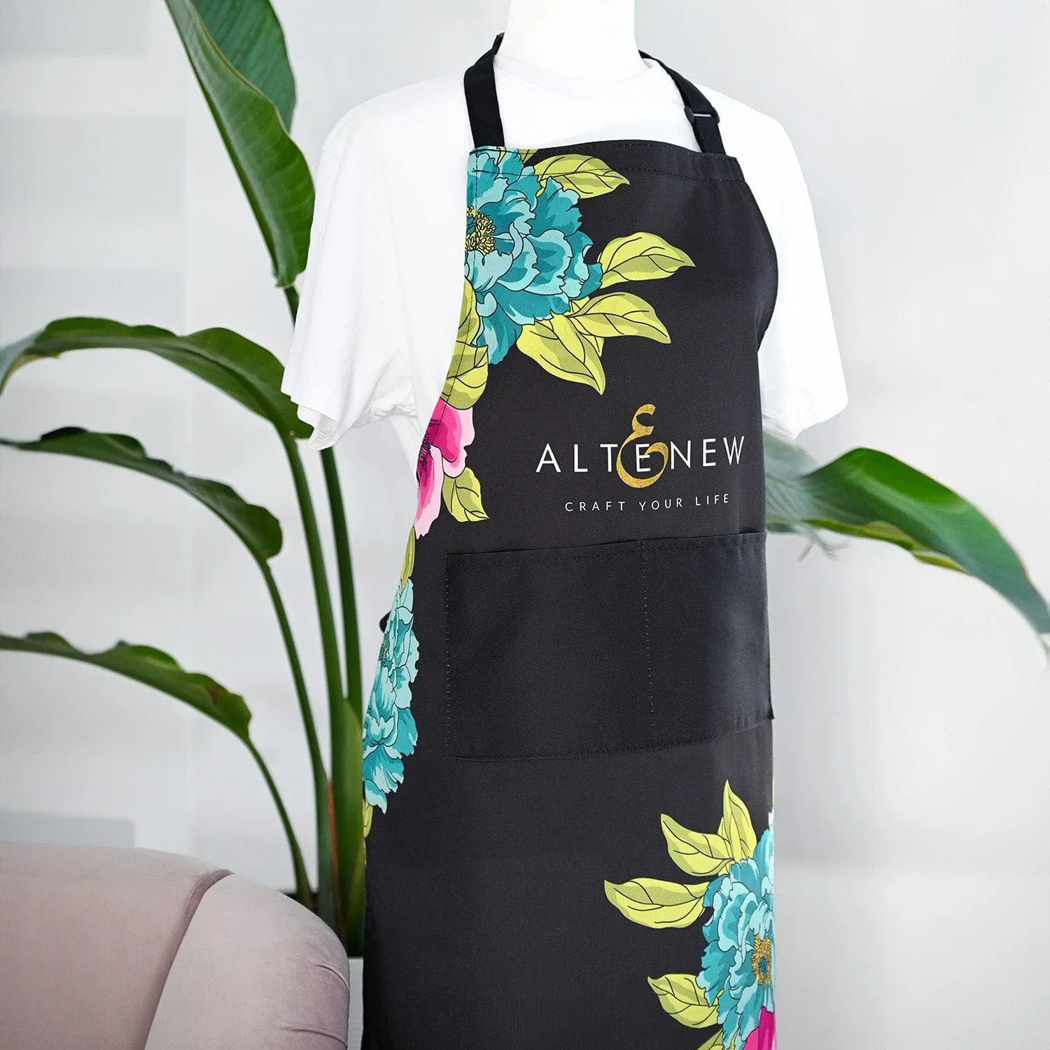 trendy synthetic Artsy Apron: Pink & Aqua Billowing Peonies - Black