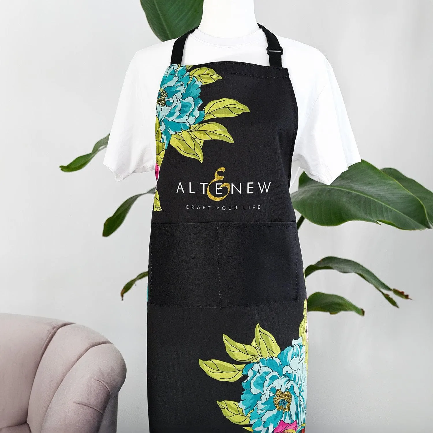 Artsy Apron: Pink & Aqua Billowing Peonies - Black kit