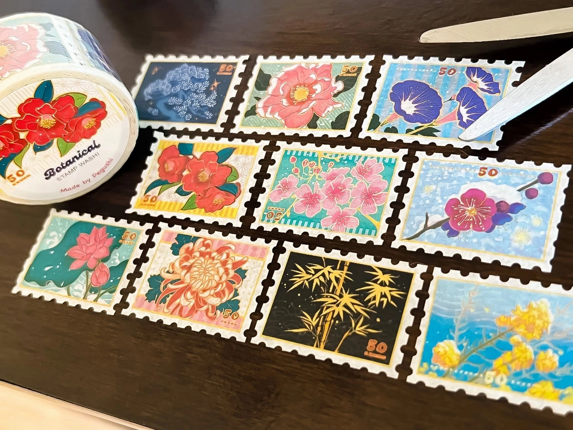 Pegushi Washi Tape - Botanical Stamp square flexible