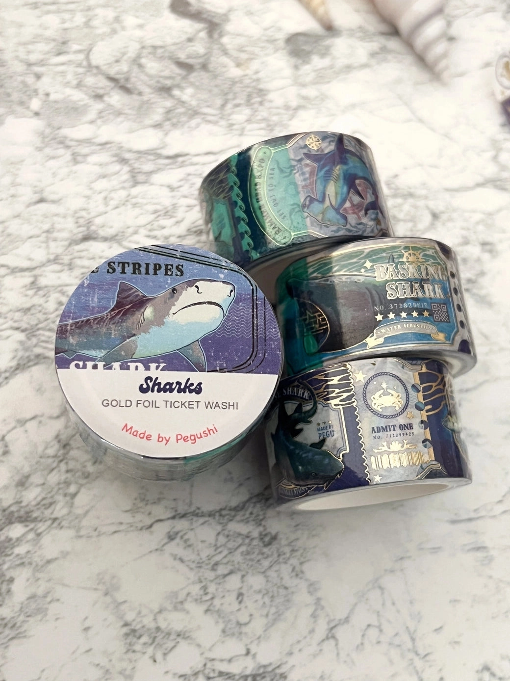 Pegushi Washi Tape - Gold Foil Sharks Ticket thin