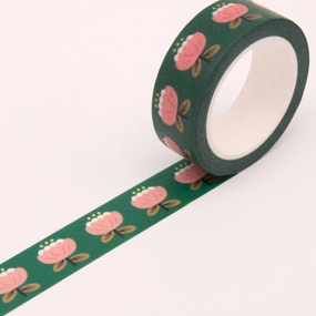 retro Poppy Floral Washi Tape - Deep Green
