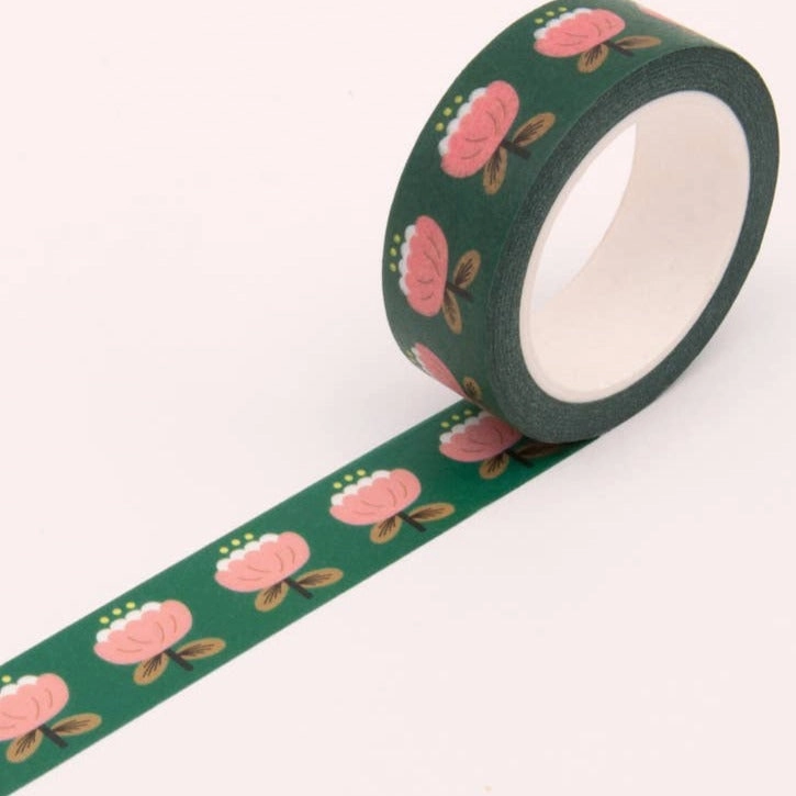 retro Poppy Floral Washi Tape - Deep Green