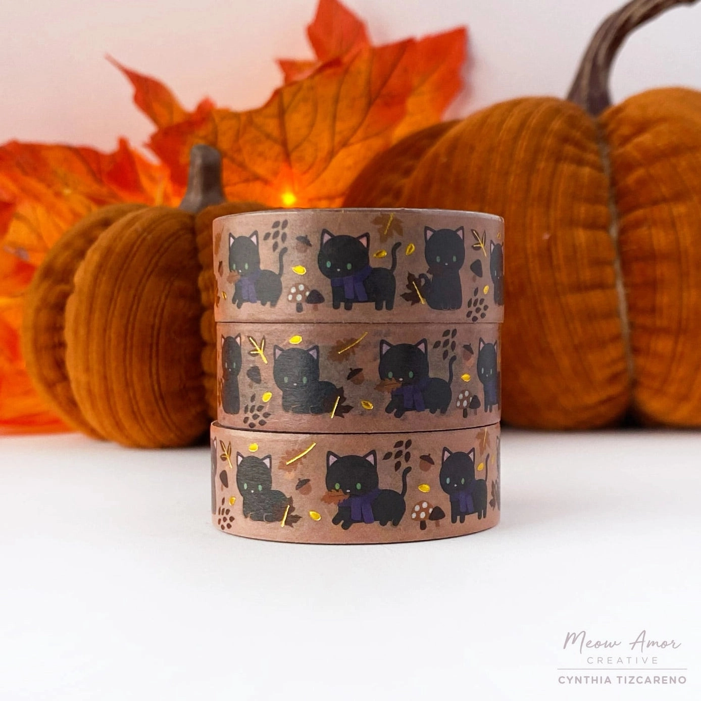 wrapped solid Autumn Black Cat Gold Foil Washi Tape