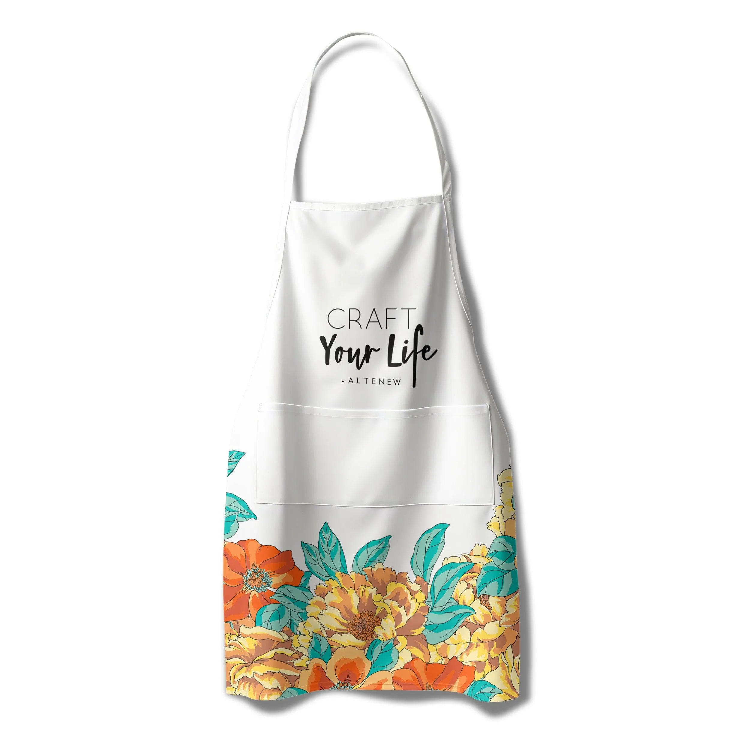 collectible Artsy Apron: Orange & Yellow Billowing Peonies - White