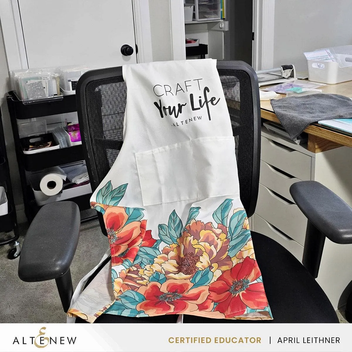 Artsy Apron: Orange & Yellow Billowing Peonies - White automatic