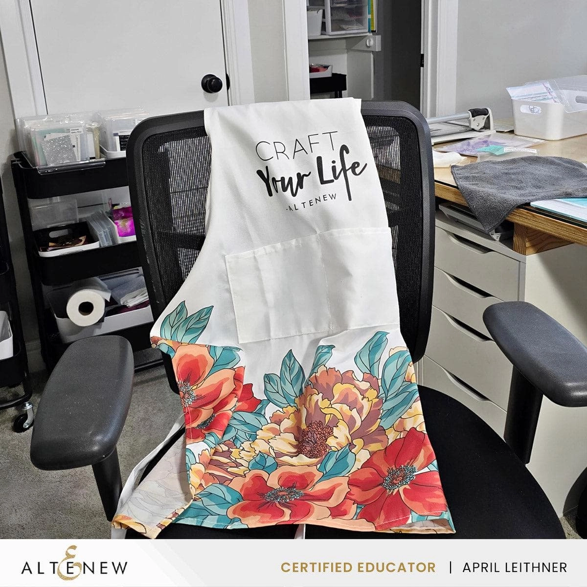 Artsy Apron: Orange & Yellow Billowing Peonies - White automatic