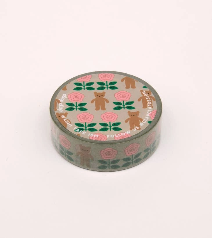large Flower And Bear Washi Tape - Grey
