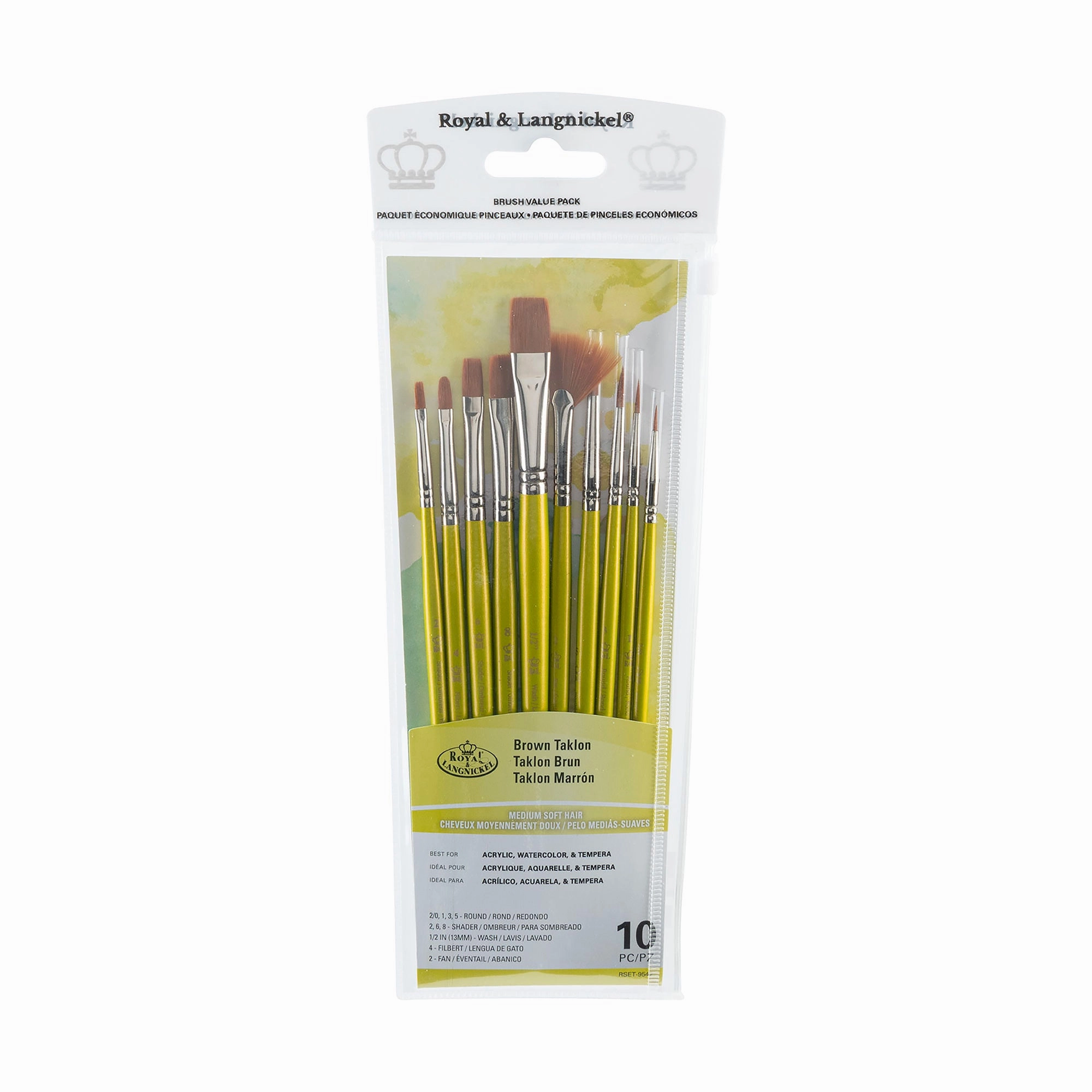 10-Pack Brown Taklon Brushes - Assorted colorful