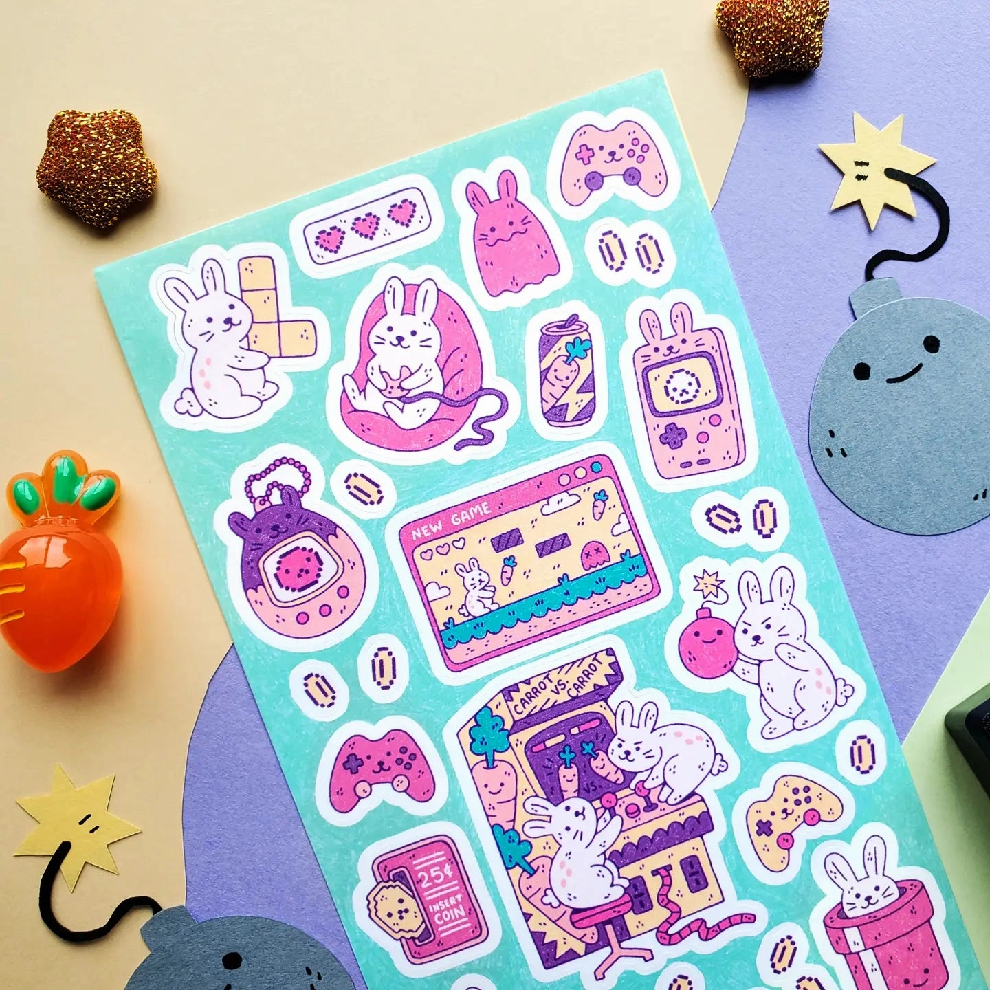 warm solid Stickii Bunny Gamers Sticker Sheet