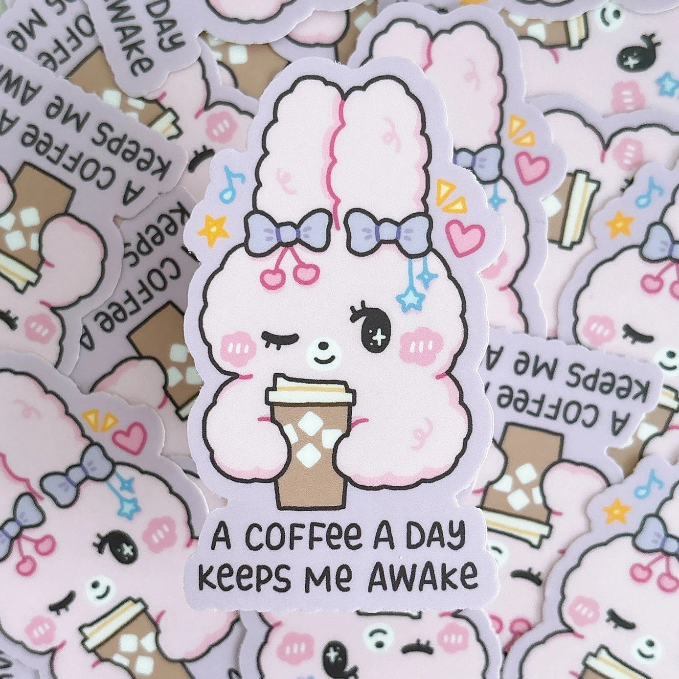seasonal Stickyriceco Vinyl Sticker - A Coffee A Day Keeps Me Awake Fluffy Bunny