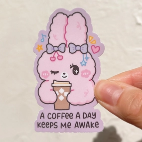 Stickyriceco Vinyl Sticker - A Coffee A Day Keeps Me Awake Fluffy Bunny soft