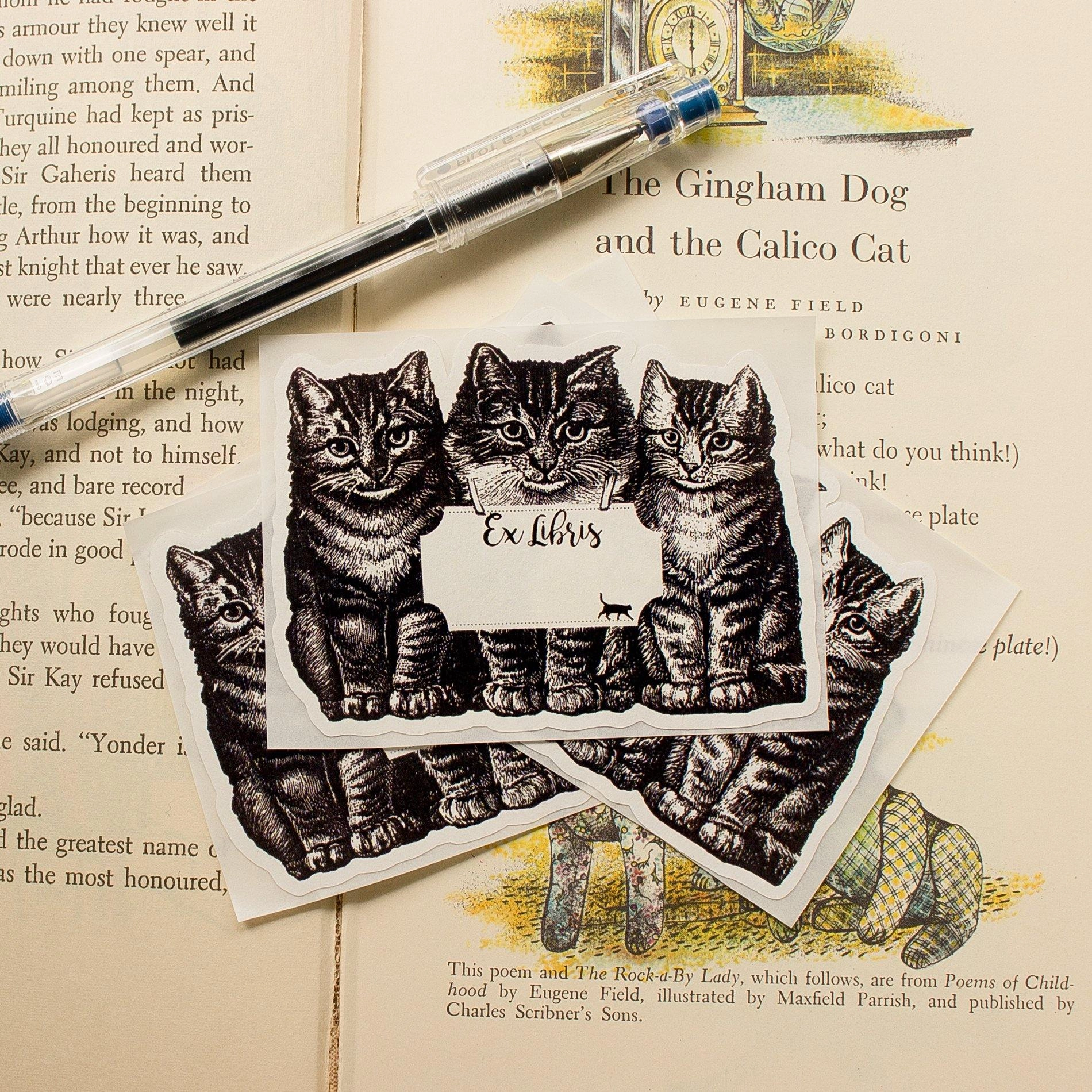 narrow Three Cats Bookplate Sticker
