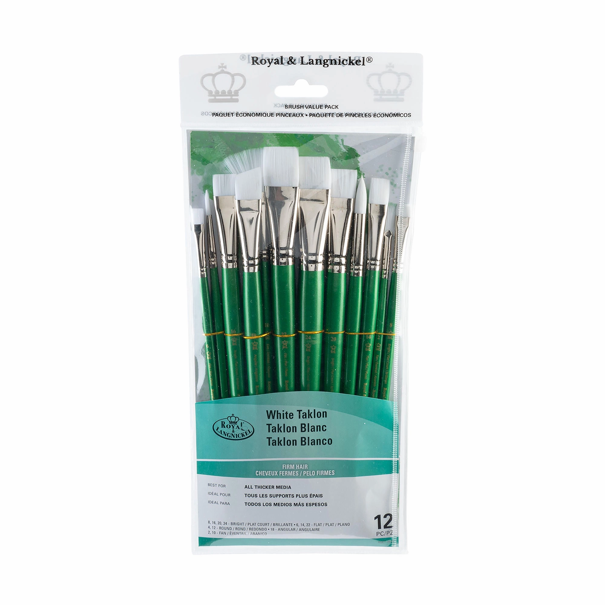 12-Pack White Taklon Brushes - Bright/Round pack