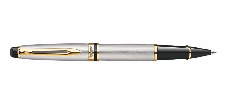 springloaded rugged Waterman Expert Stainless Steel & Gold Rollerball Pen