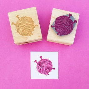 Wool Yarn And Needles Rubber Stamp earthy