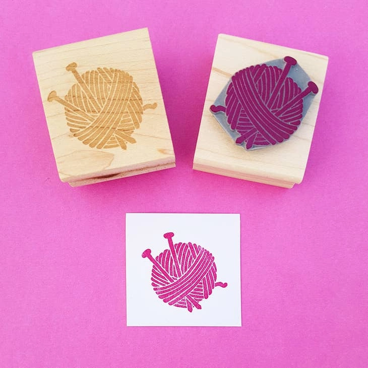 Wool Yarn And Needles Rubber Stamp earthy
